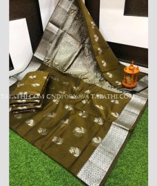 olive green and silver colour chenderi silk sarees with All over Buttas design - CNDP0016898