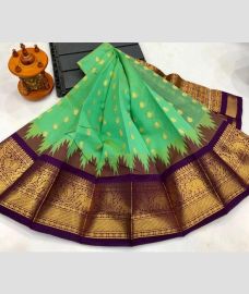 cyan blue and brown colour chenderi silk sarees with Kuppadam Border design
