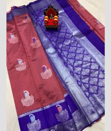 coral colour chenderi silk sarees with All over Buttas design