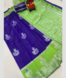 navy blue colour chenderi silk sarees with All over Buttas design