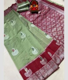 gray colour chenderi silk sarees with All over Buttas design