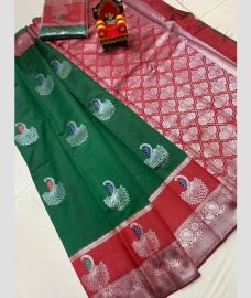 green colour chenderi silk sarees with All over Buttas design