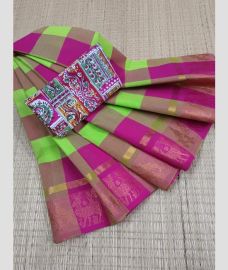 Lite Parrot Green and Pink chettinad cotton sarees with Fancy Border design