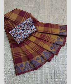 Maroon and Mustard Yellow chettinad cotton sarees with Fancy Border design