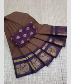 Chocolate and Plum Purple chettinad cotton sarees with Fancy Border design