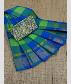 Parrot Green and Royal Blue chettinad cotton sarees with Fancy Border design