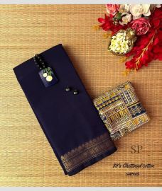 Navy Blue and Lite Yellow chettinad cotton sarees with Jari Border design