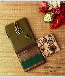Olive and Green chettinad cotton sarees with Jari Border design