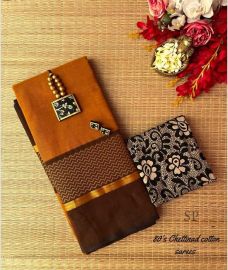 Orange and Brown chettinad cotton sarees with Jari Border design
