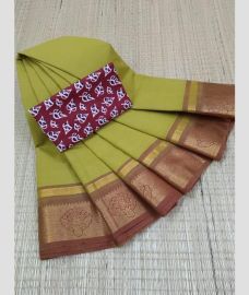 Acid Green and Brown chettinad cotton sarees with Plain design
