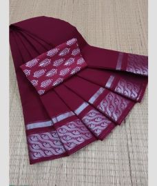 Crimson and Silver chettinad cotton sarees with Plain design