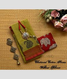 olive green colour chettinad cotton sarees with Fancy Border design