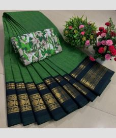 green colour chettinad cotton sarees with Jari Border design