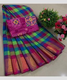 blue and brown colour chettinad cotton sarees with Jari Border design