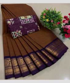 brown colour chettinad cotton sarees with Jari Border design