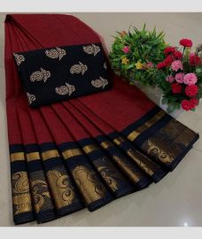 maroon red colour chettinad cotton sarees with Jari Border design