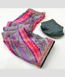 Grey and Charcoal Black chiffon sarees with All over Printed design - CHIF0002335