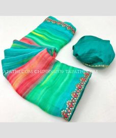 Blue Turquoise and Teal chiffon sarees with All over Printed design - CHIF0002339
