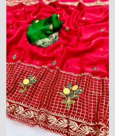 Red and Green chiffon sarees with All over Embroidary design