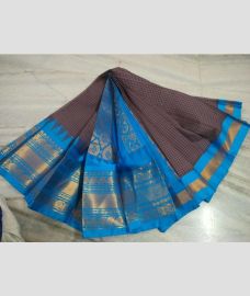 Dark Chocolate and Blue gadwal cotton sarees with All over Buttas design