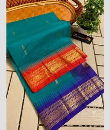 Blue Turquoise and Red gadwal cotton sarees with temple border design