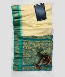 Cream and Turquoise gadwal cotton sarees with All over Checks design