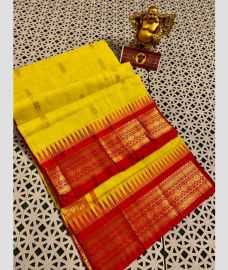 Yellow and Red gadwal cotton sarees with kanchi border design
