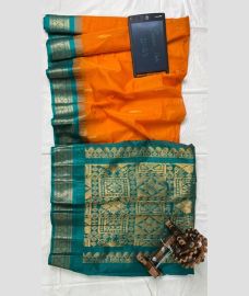 Orange and Turquoise gadwal cotton sarees with temple border design