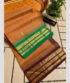 Brown and Green gadwal cotton sarees with Temple Kanchi Border design