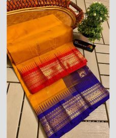 Orange and Red gadwal cotton sarees with Temple Kanchi Border design