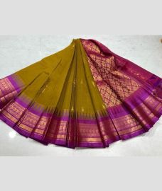 Golden Brown and Magenta gadwal cotton sarees with temple border design