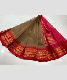 Brown and Red gadwal cotton sarees with temple border design