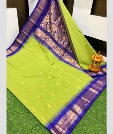 Parrot Green and Navy Blue gadwal cotton sarees with Kanchi Border design