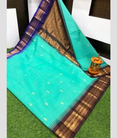 Turquoise and Chocolate gadwal cotton sarees with Kanchi Border design