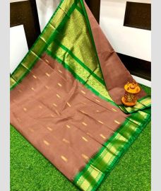 Brown and Green gadwal cotton sarees with Kanchi Border design
