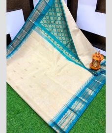 Cream and Blue Jay gadwal cotton sarees with Kanchi Border design