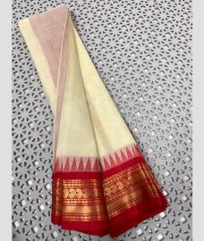 White and Crimson gadwal cotton sarees with Temple Kanchi Border design