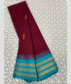 Crimson and Cyan gadwal cotton sarees with Temple Kanchi Border design