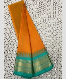 Orange and Cyan gadwal cotton sarees with Temple Kanchi Border design