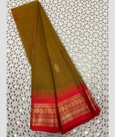 Mehendi Green and Burgundy gadwal cotton sarees with Temple Kanchi Border design