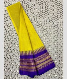 Yellow and Royal Blue gadwal cotton sarees with Temple Kanchi Border design