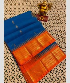 Blue and Orange gadwal cotton sarees with Temple Kanchi Border design