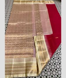 Baby Pink and Crimson gadwal cotton sarees with Temple Kanchi Border design