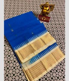Blue and Cream gadwal cotton sarees with Temple Kanchi Border design