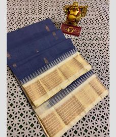 Bluish Grey and Cream gadwal cotton sarees with Temple Kanchi Border design