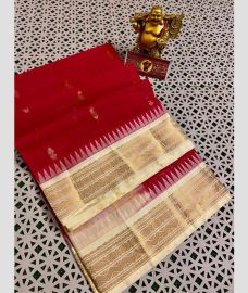 Red and Cream gadwal cotton sarees with Temple Kanchi Border design