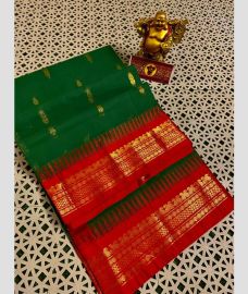 Green and Red gadwal cotton sarees with Temple Kanchi Border design
