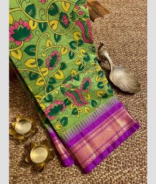 Green and Magenta gadwal cotton sarees with all over printed design