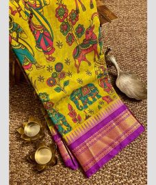 Lite Yellow and Magenta gadwal cotton sarees with all over printed design