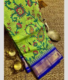 Lite Parrot Green and Royal Blue gadwal cotton sarees with all over printed design